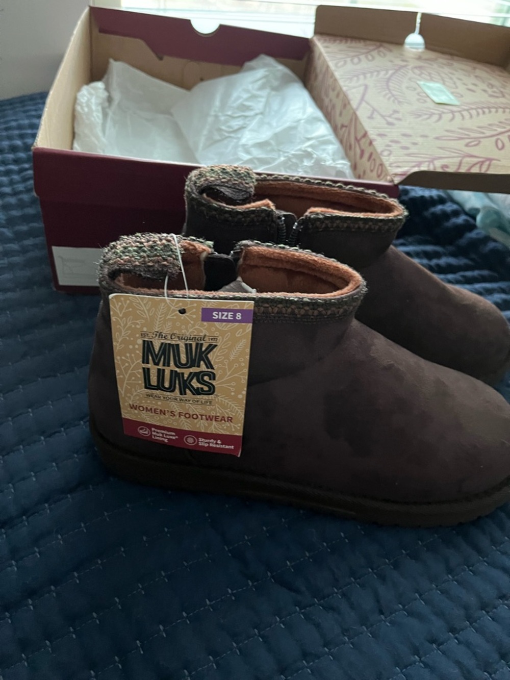 NWT Muk Luks Brown Suede-Look Women's Ankle Booties with Knit Trim size 8